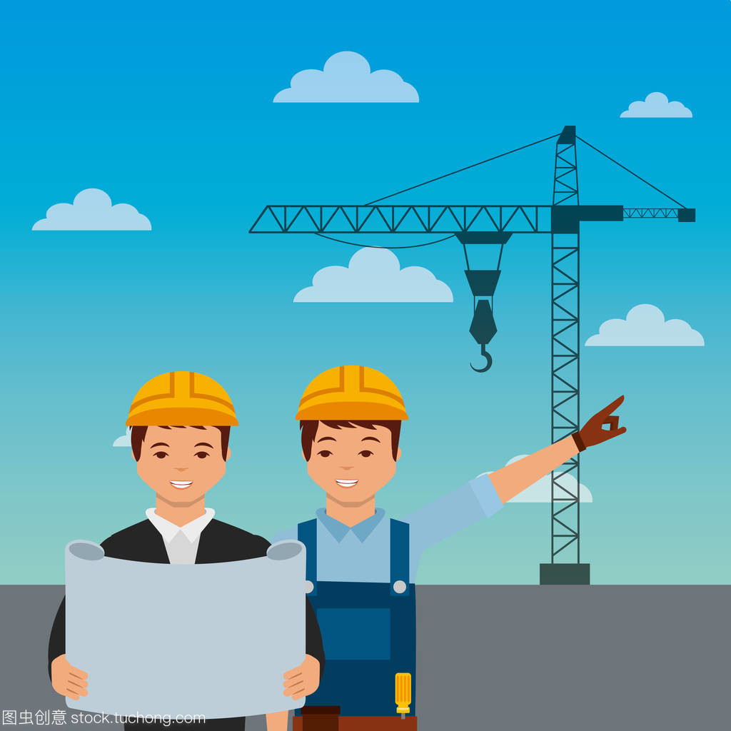 建筑工人工程師工頭藍圖起重機在天空背景下